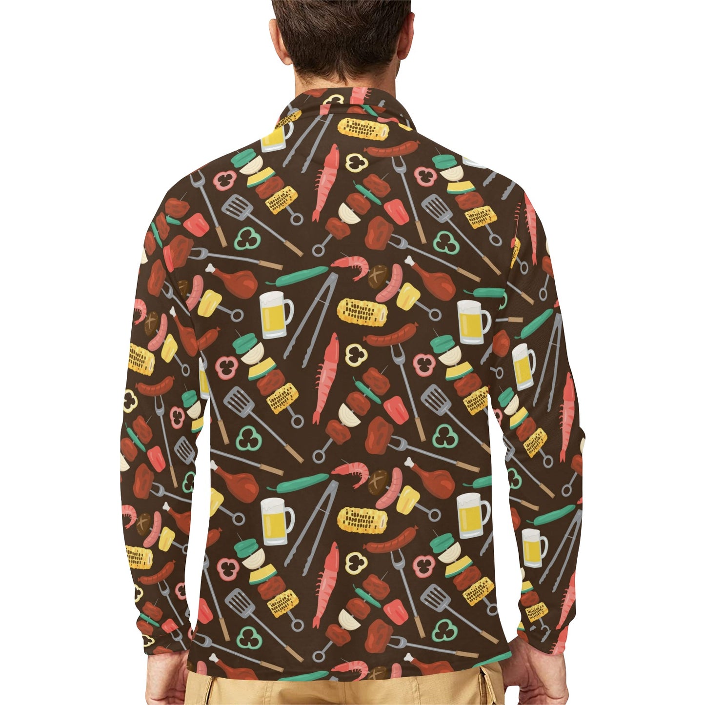 Barbecue Pattern Print Design 05 Long Sleeve Polo Shirt For Men's