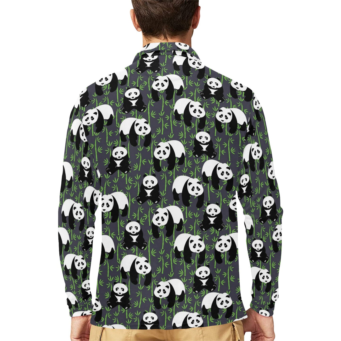 Panda Bear Bamboo Themed Print Long Sleeve Polo Shirt For Men's