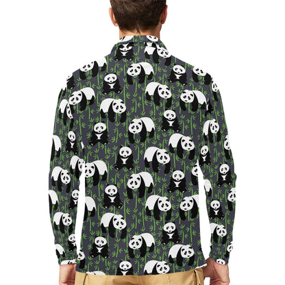 Panda Bear Bamboo Themed Print Long Sleeve Polo Shirt For Men's