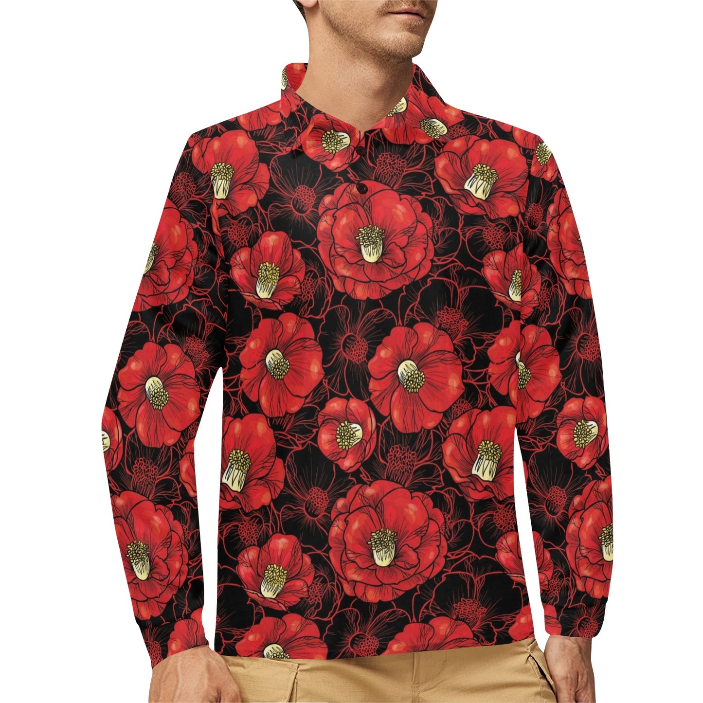 Camellia Pattern Print Design CM06 Long Sleeve Polo Shirt For Men's