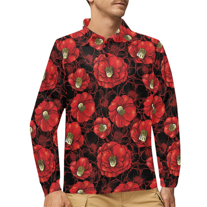 Camellia Pattern Print Design CM06 Long Sleeve Polo Shirt For Men's