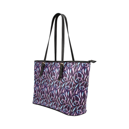 Peace Sign Feather Design Print Leather Tote Bag