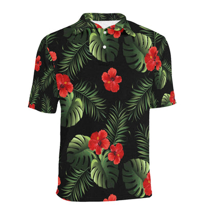 Red Hibiscus Tropical Men Polo Shirt