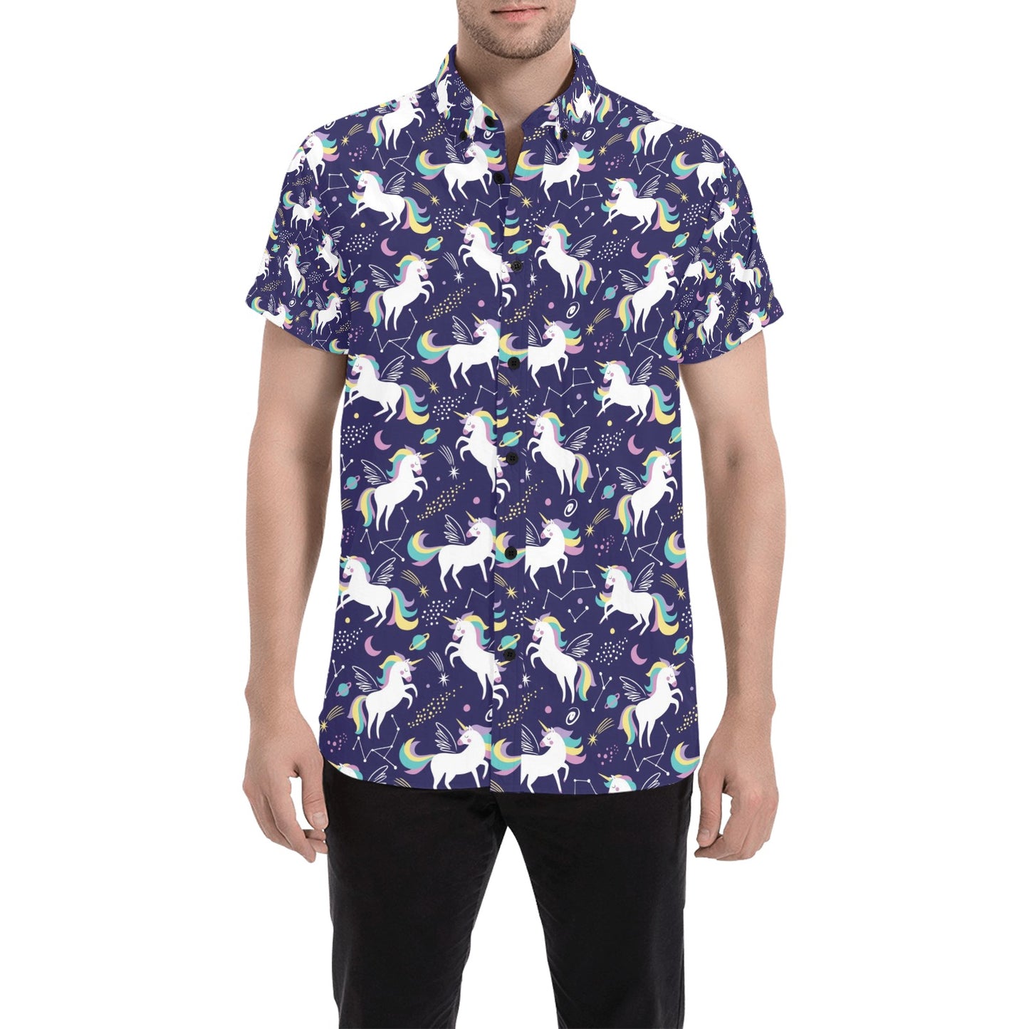 Unicorn Print Design LKS305 Men Short Sleeve Button Up Shirt