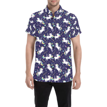 Unicorn Print Design LKS305 Men Short Sleeve Button Up Shirt