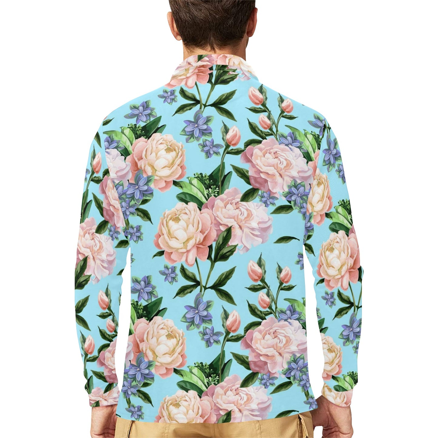 Peony Pattern Print Design PE02 Long Sleeve Polo Shirt For Men's