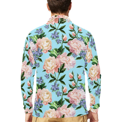 Peony Pattern Print Design PE02 Long Sleeve Polo Shirt For Men's