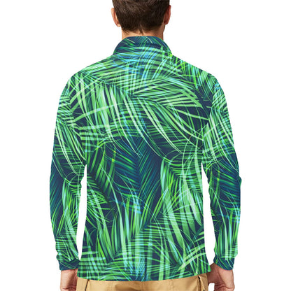 Palm Leaves Pattern Print Design PL02 Long Sleeve Polo Shirt For Men's