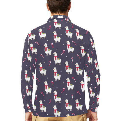 Llama with Candy Cane Themed Print Long Sleeve Polo Shirt For Men's