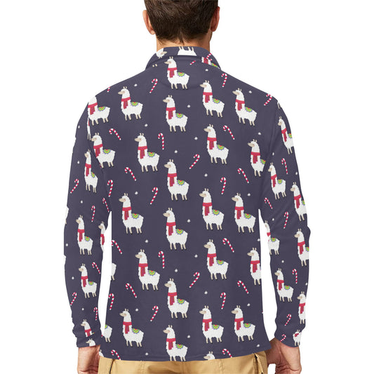 Llama with Candy Cane Themed Print Long Sleeve Polo Shirt For Men's