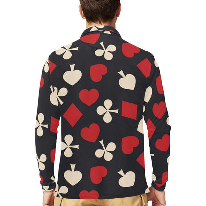 Poker Cards Pattern Print Design A02 Long Sleeve Polo Shirt For Men's