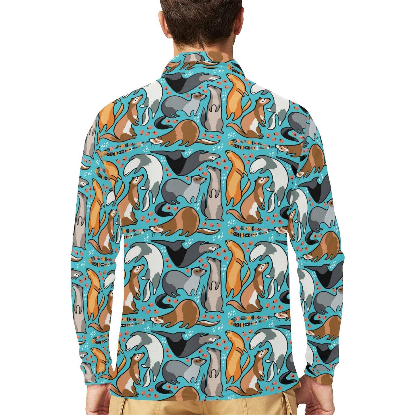 Ferret Pattern Print Design 03 Long Sleeve Polo Shirt For Men's