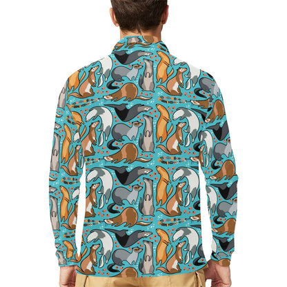 Ferret Pattern Print Design 03 Long Sleeve Polo Shirt For Men's