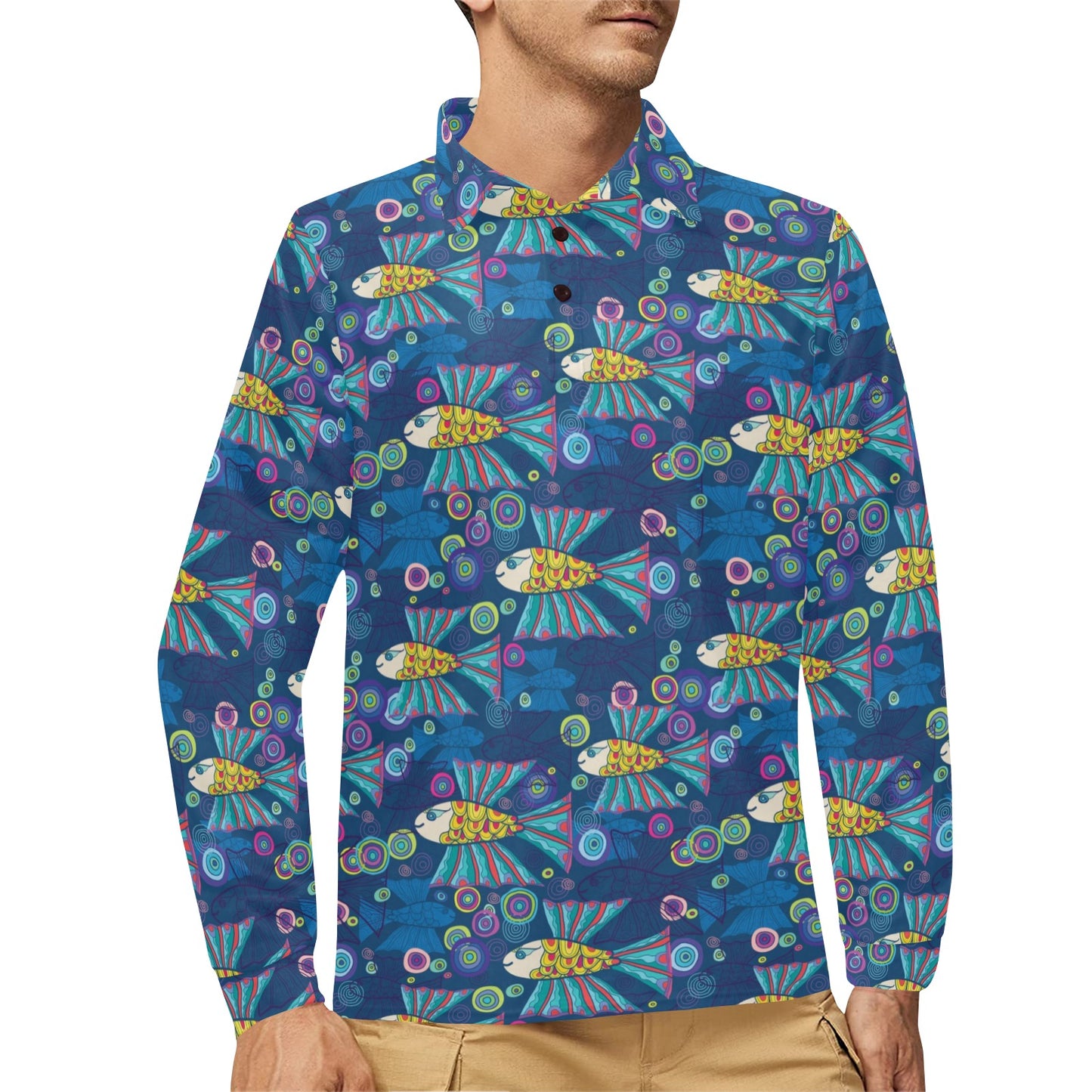 Flying Fish Pattern Print Design 01 Long Sleeve Polo Shirt For Men's