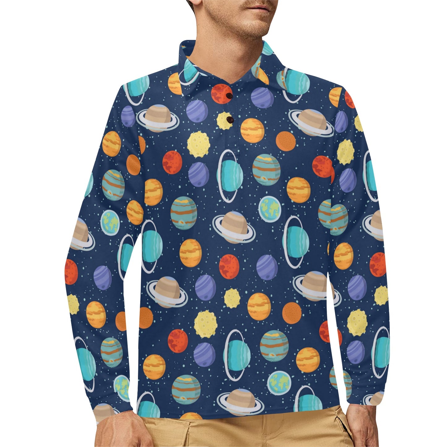 Planet With Star Print Design LKS303 Long Sleeve Polo Shirt For Men's