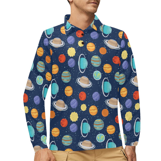 Planet With Star Print Design LKS303 Long Sleeve Polo Shirt For Men's