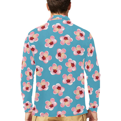 Cherry Blossom Pattern Print Design CB09 Long Sleeve Polo Shirt For Men's
