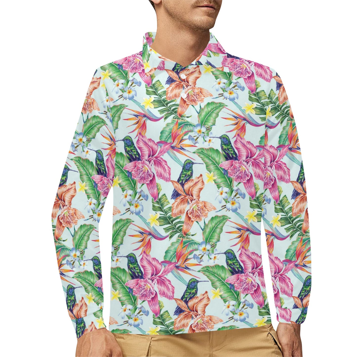 Hummingbird Tropical Pattern Print Design 05 Long Sleeve Polo Shirt For Men's