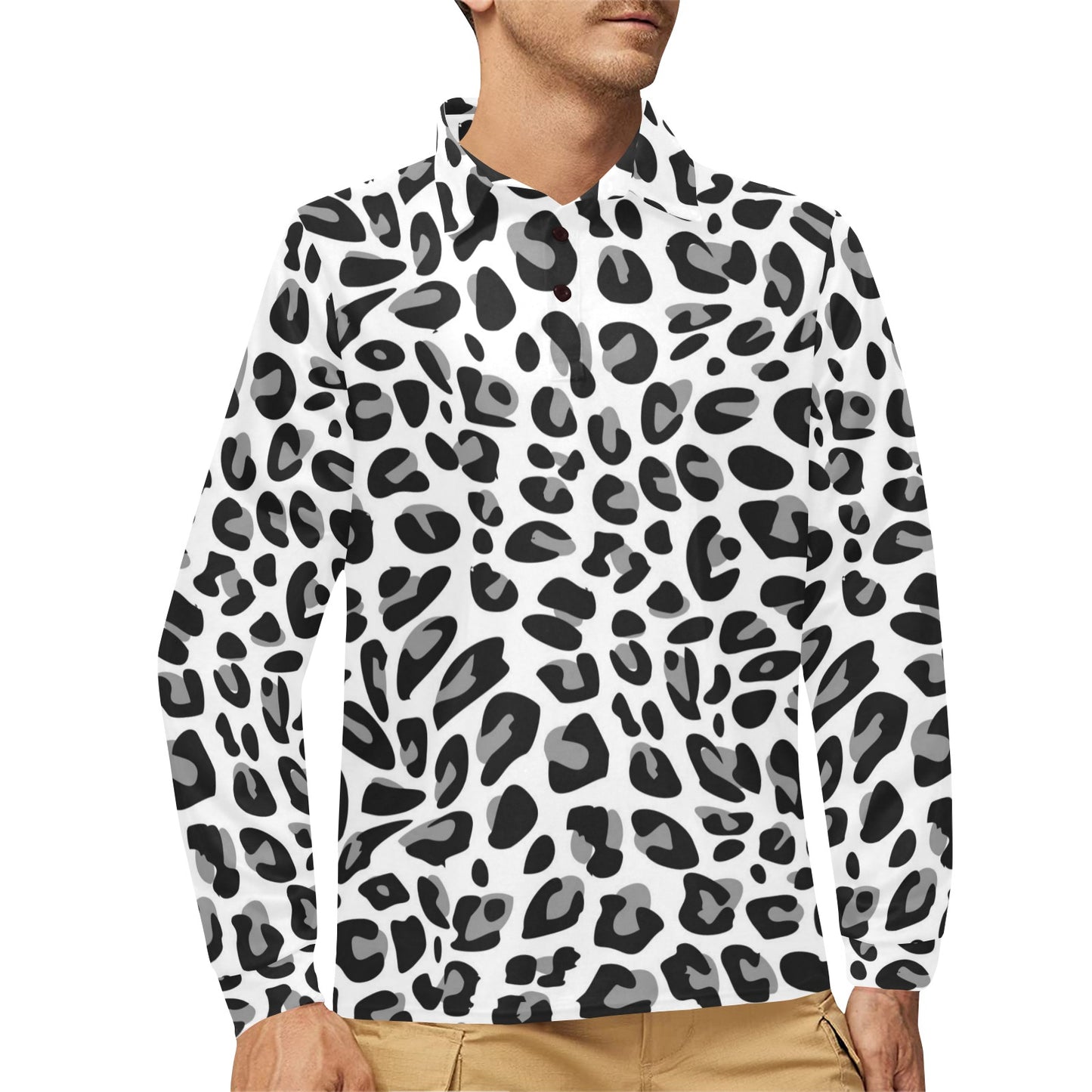 Snow Leopard Skin Print Long Sleeve Polo Shirt For Men's