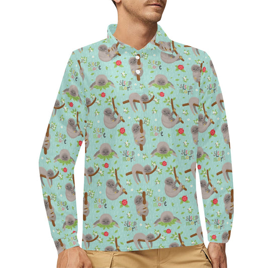 Sloth Print Design LKS305 Long Sleeve Polo Shirt For Men's