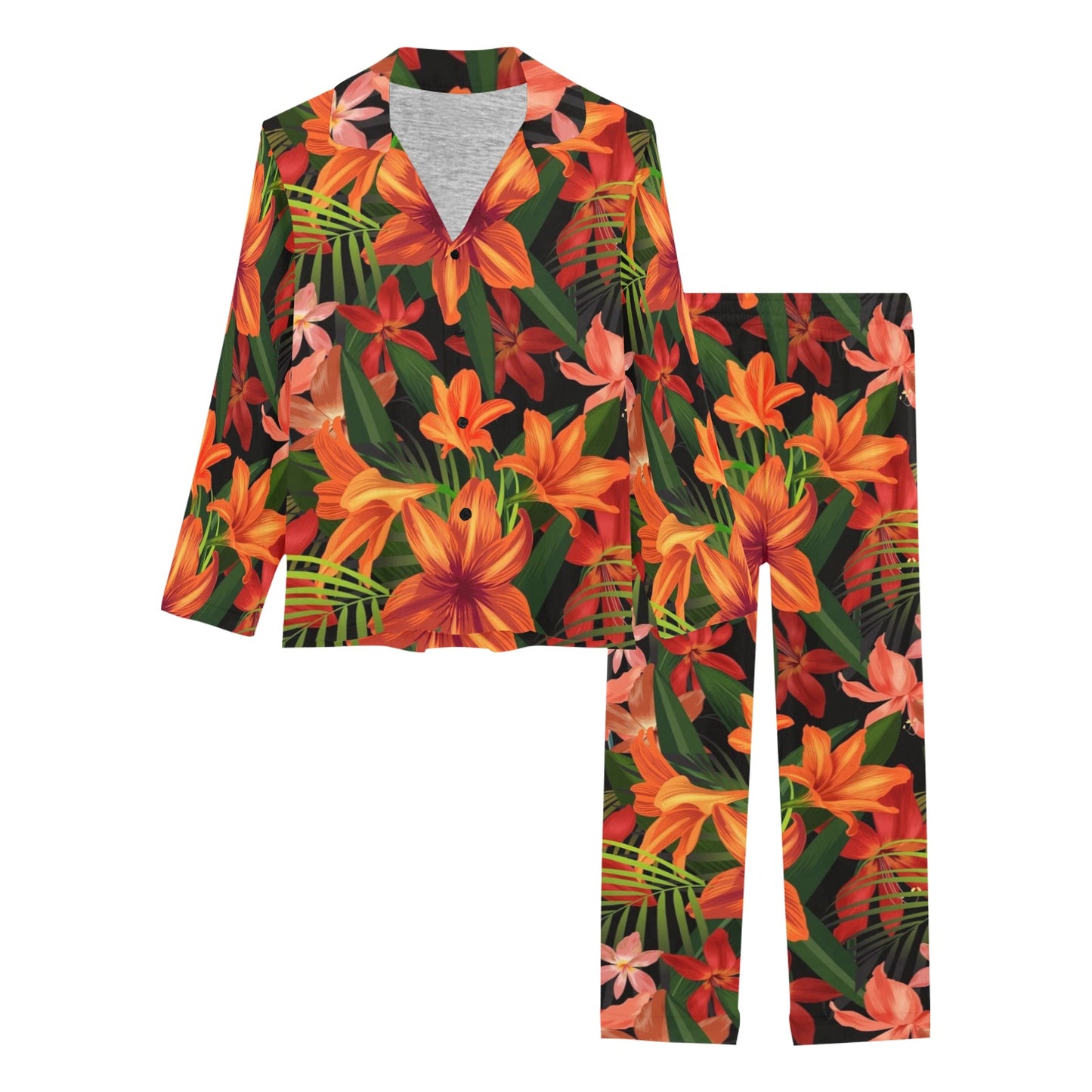Amaryllis Pattern Print Design AL05 Women's Long Pajama Set