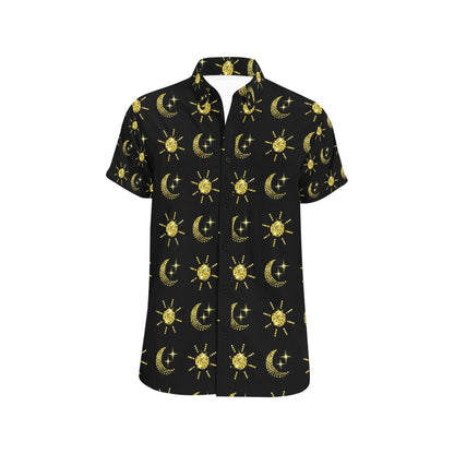 Sun Moon Print Design LKS304 Men Short Sleeve Button Up Shirt