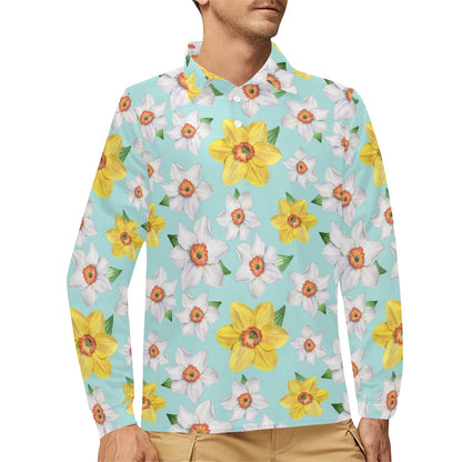 Daffodils Pattern Print Design DF07 Long Sleeve Polo Shirt For Men's