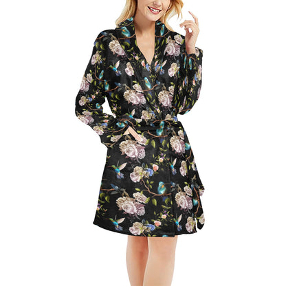 Hummingbird Flower Themed Print Women's Fleece Robe