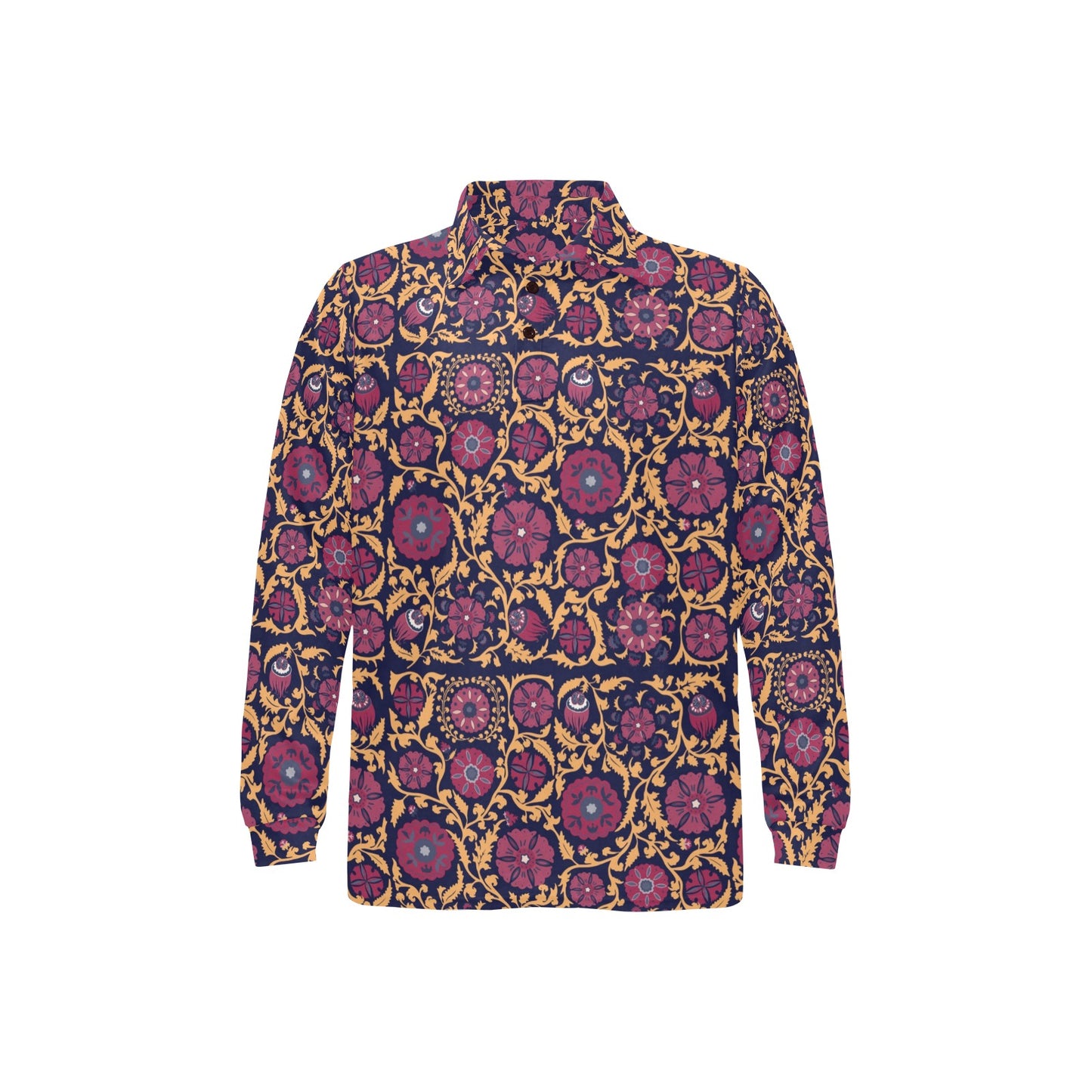 Suzani Print Design LKS303 Long Sleeve Polo Shirt For Men's