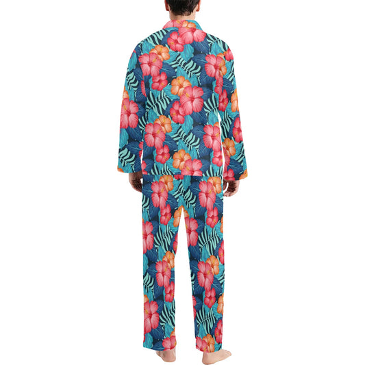 Red Hibiscus Pattern Print Design HB02 Men's Long Pajama Set
