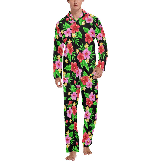 Pink Red Hibiscus Pattern Print Design HB023 Men's Long Pajama Set