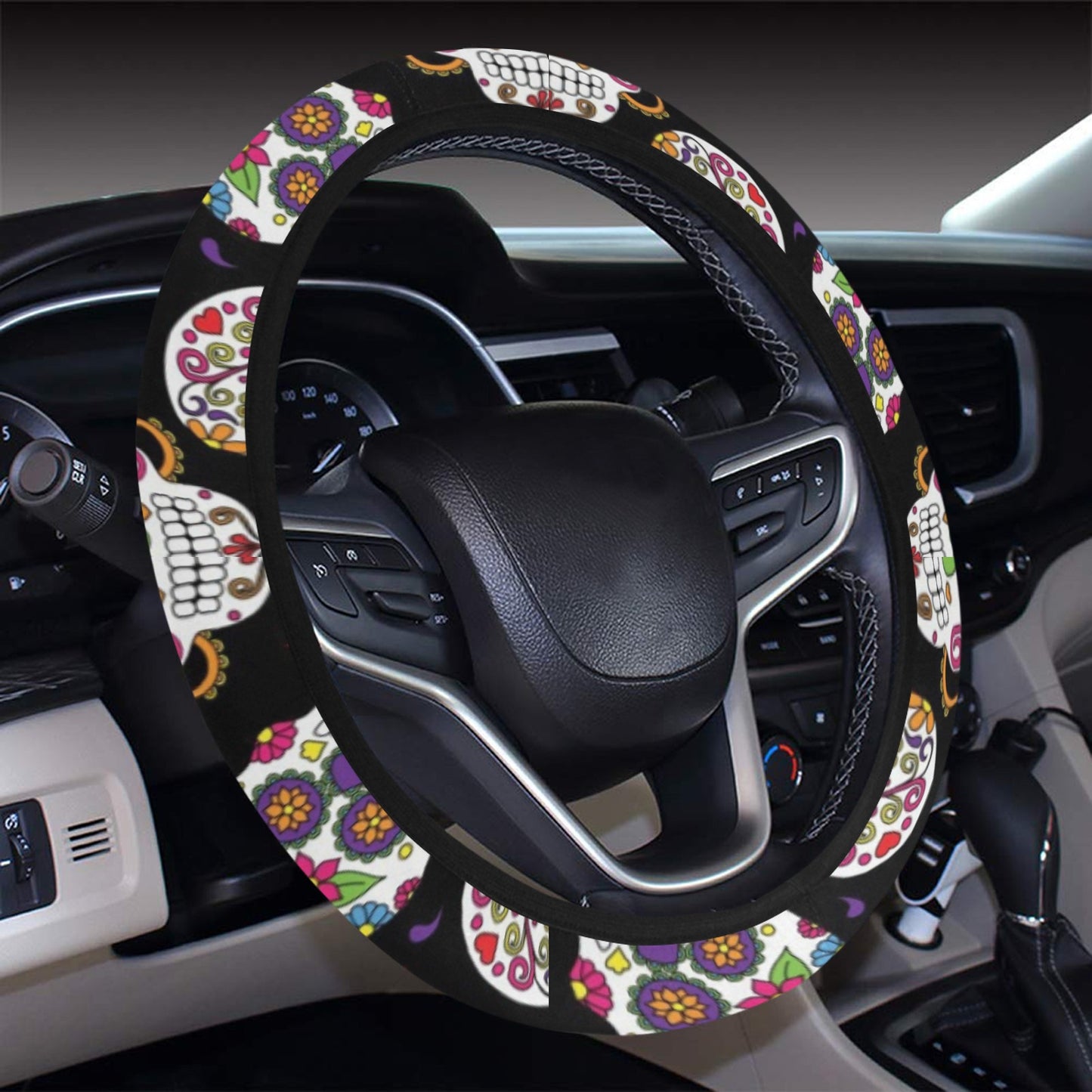 Sugar Skull Print Design LKS302 Steering Wheel Cover with Elastic Edge