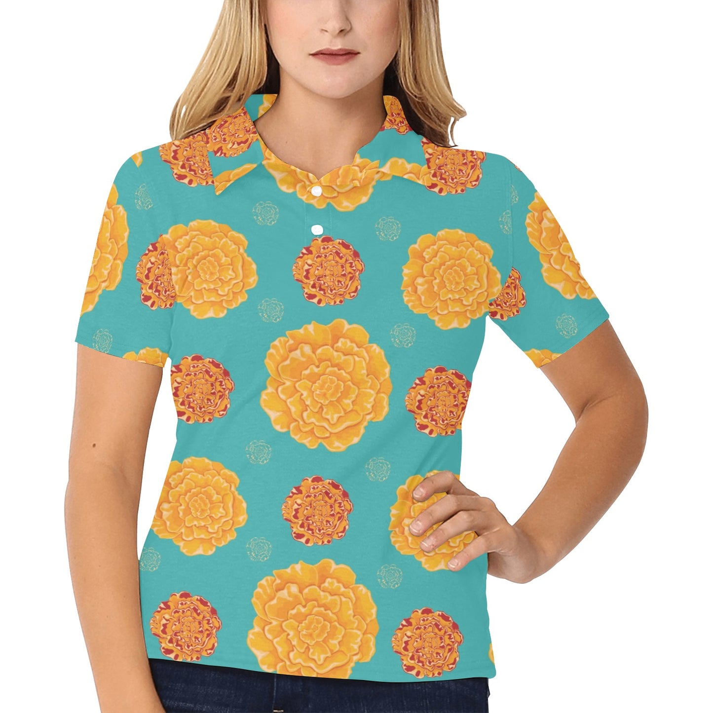 Marigold Pattern Print Design 02 Women's Polo Shirt