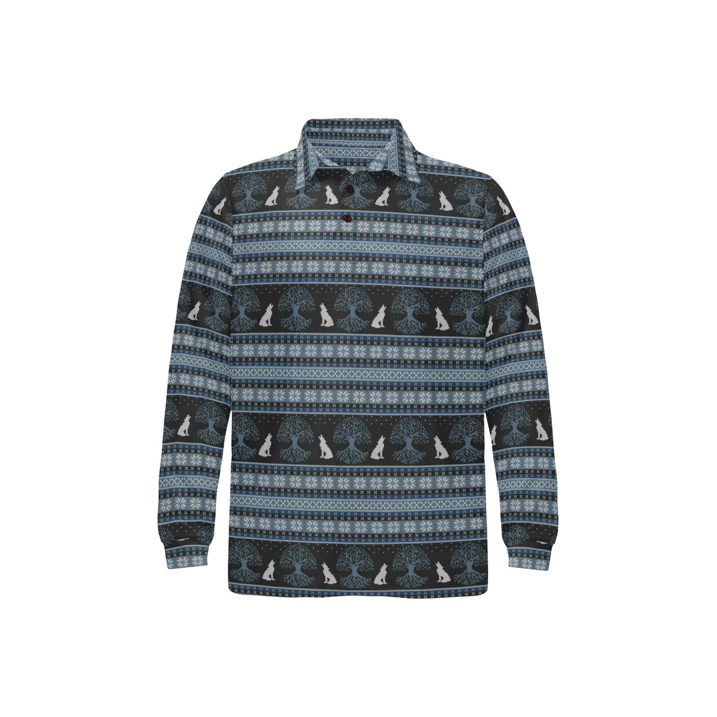 Wolf Tree of Life Knit Design Print Long Sleeve Polo Shirt For Men's