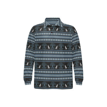 Wolf Tree of Life Knit Design Print Long Sleeve Polo Shirt For Men's