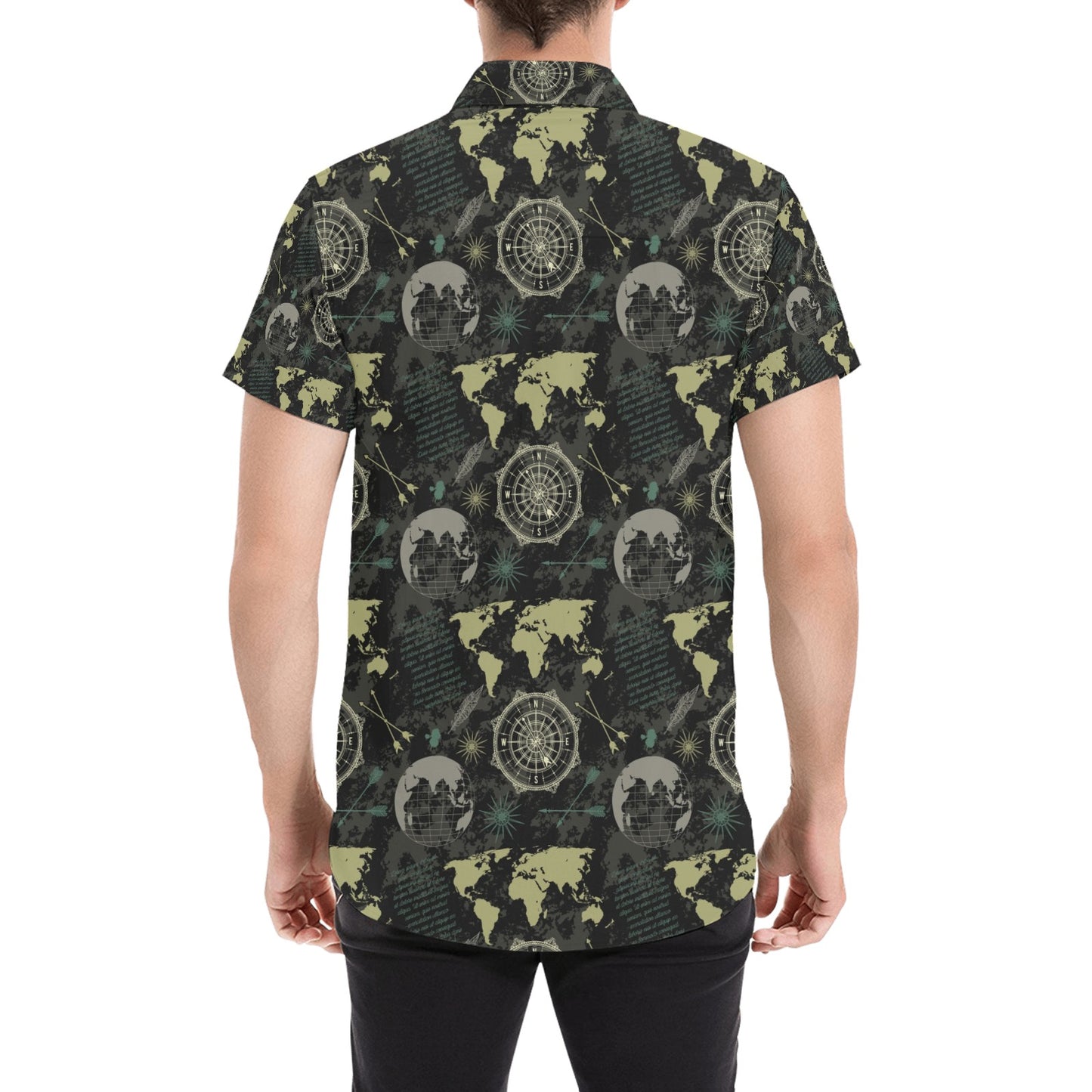 World Map Print Design LKS303 Men Short Sleeve Button Up Shirt