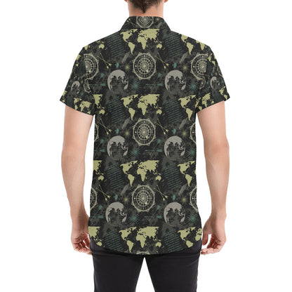 World Map Print Design LKS303 Men Short Sleeve Button Up Shirt