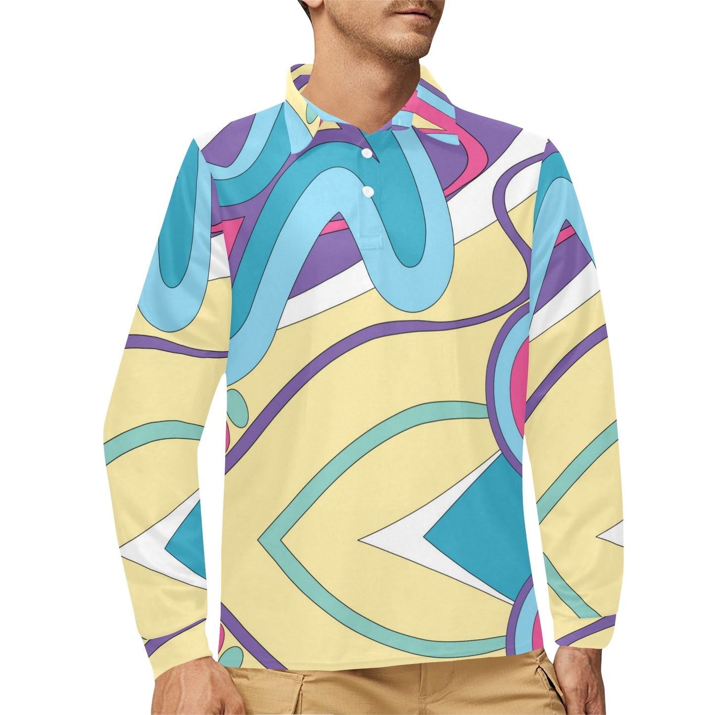 Funky Retro Pattern Print Design A01 Long Sleeve Polo Shirt For Men's