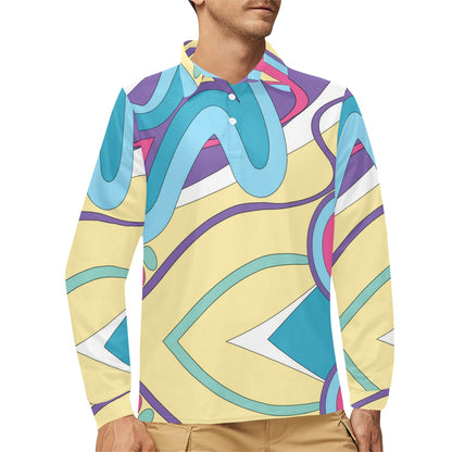 Funky Retro Pattern Print Design A01 Long Sleeve Polo Shirt For Men's