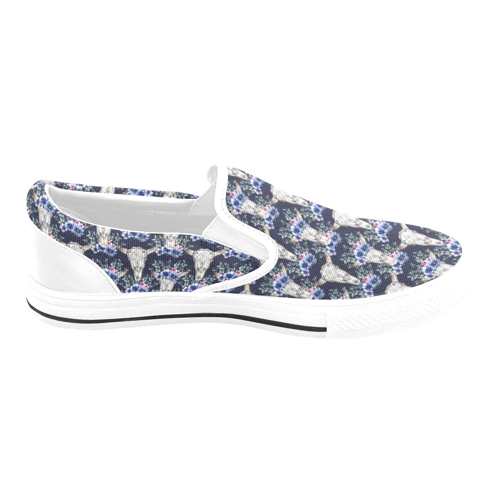 Buffalo Head Print Design LKS402 White Slip Ons Canvas Women's Shoes