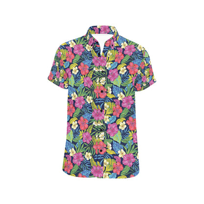 Hibiscus Print Design LKS3010 Men Short Sleeve Button Up Shirt