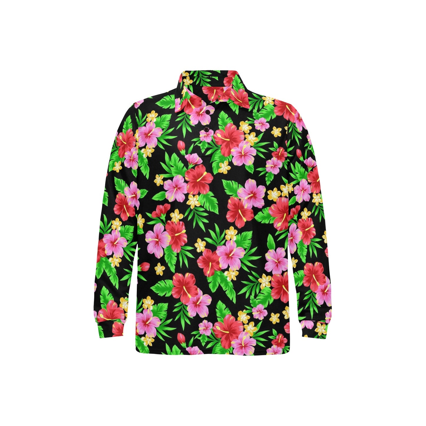 Pink Red Hibiscus Pattern Print Design HB023 Long Sleeve Polo Shirt For Men's