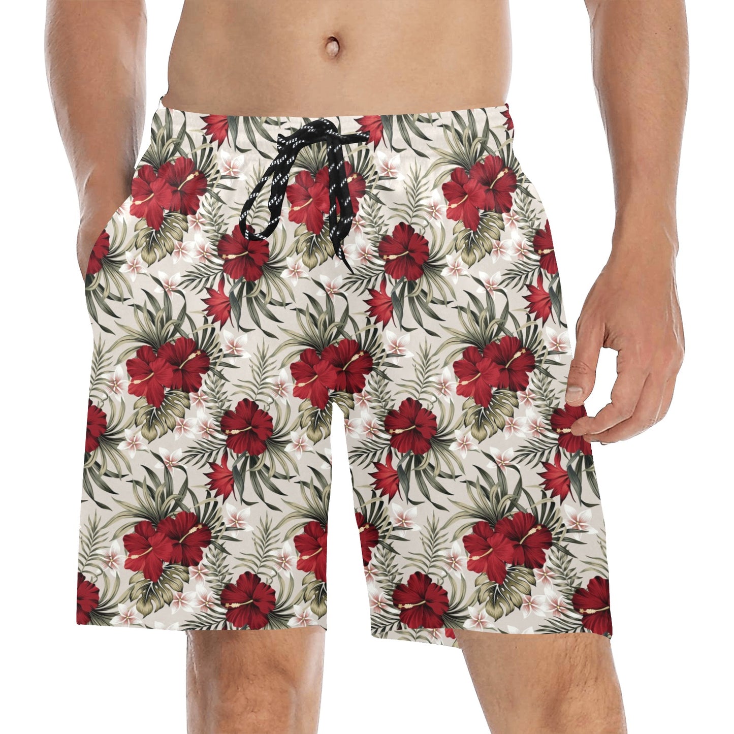Hibiscus Print Design LKS3011 Men's Swim Trunks Beach Shorts