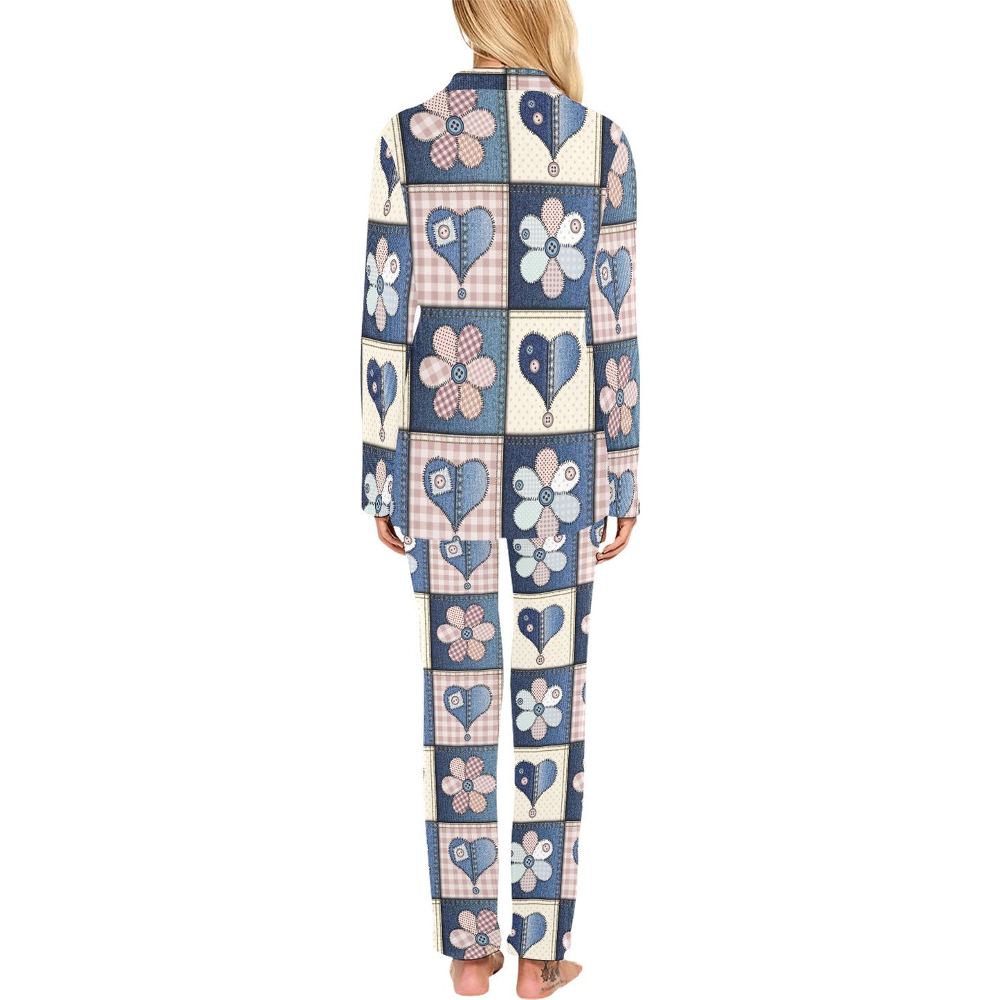 Patchwork Heart Flower Pattern Print Design 01 Women's Long Pajama Set