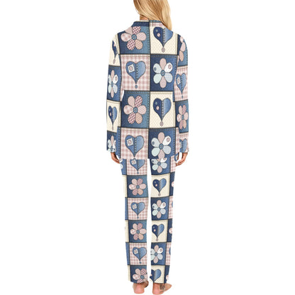 Patchwork Heart Flower Pattern Print Design 01 Women's Long Pajama Set