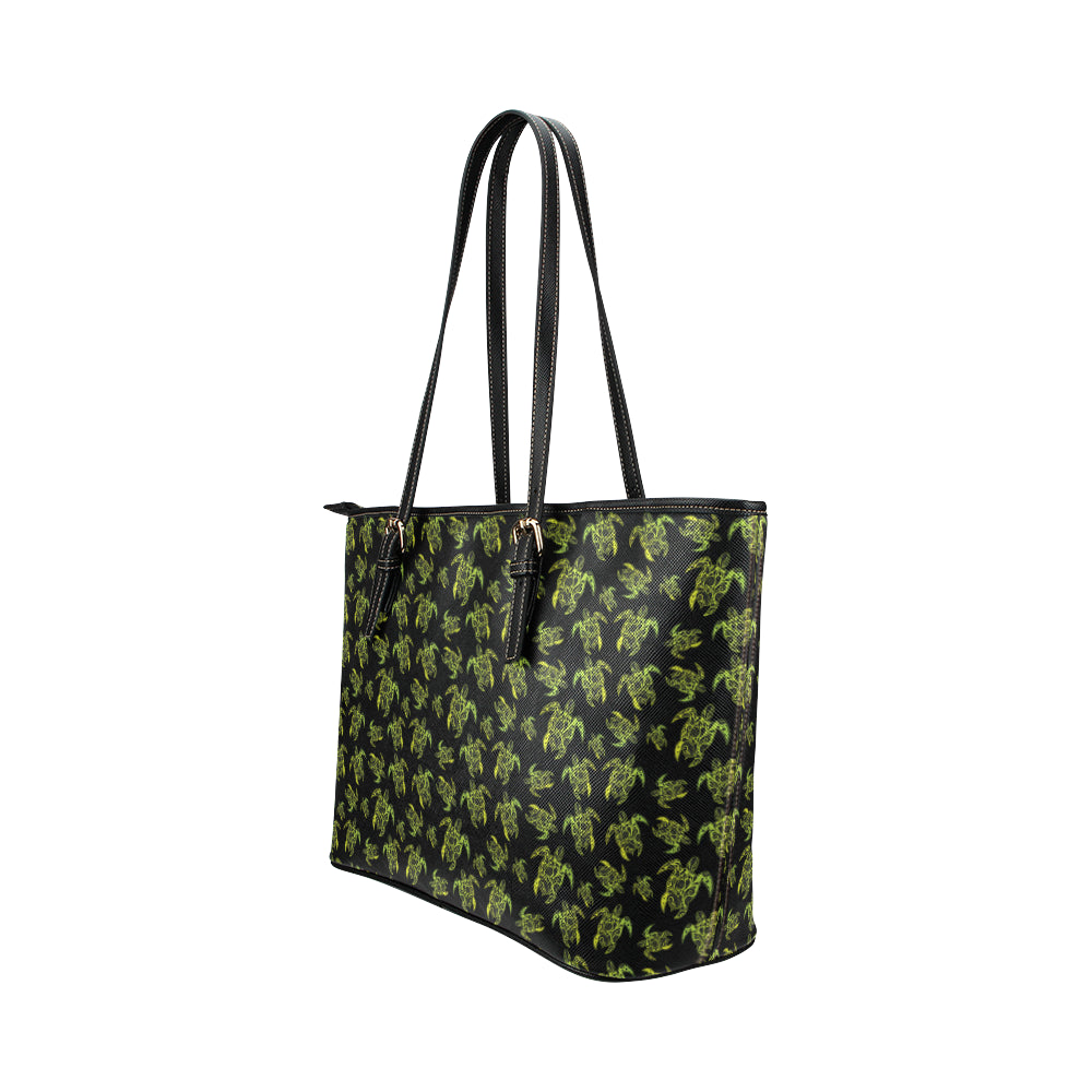 Green Tribal Turtle Polynesian Themed Leather Tote Bag