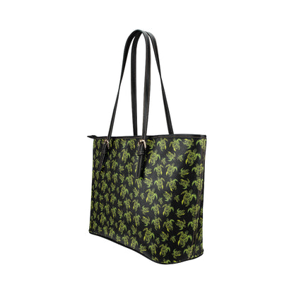 Green Tribal Turtle Polynesian Themed Leather Tote Bag
