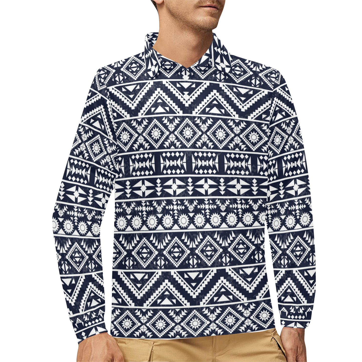 Blue White Tribal Aztec Long Sleeve Polo Shirt For Men's