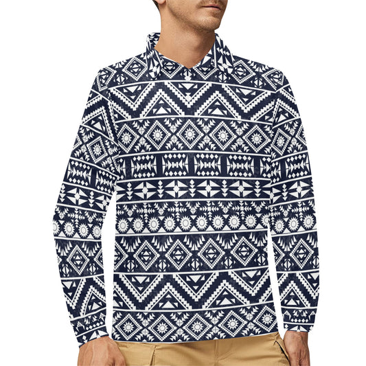 Blue White Tribal Aztec Long Sleeve Polo Shirt For Men's