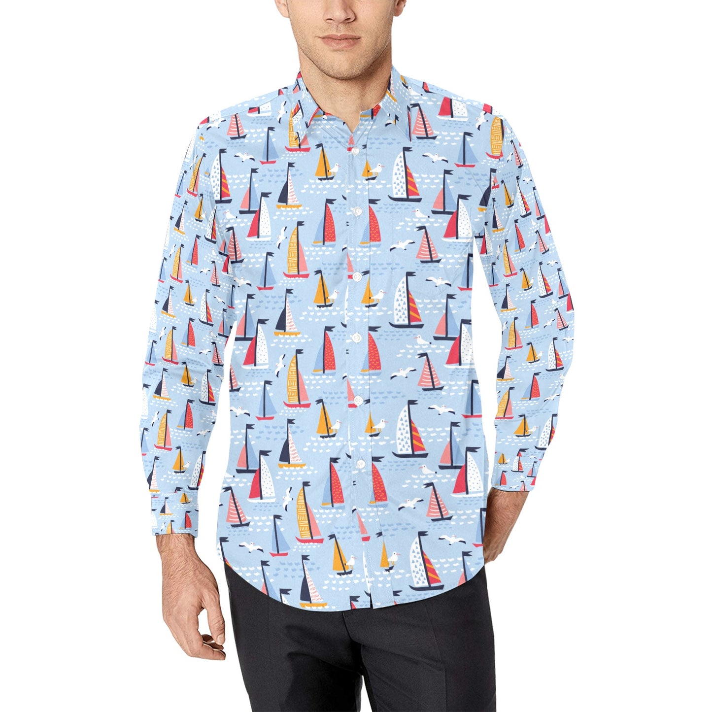 Sailboat Print Design LKS304 Men's Long Sleeve Dress Shirt
